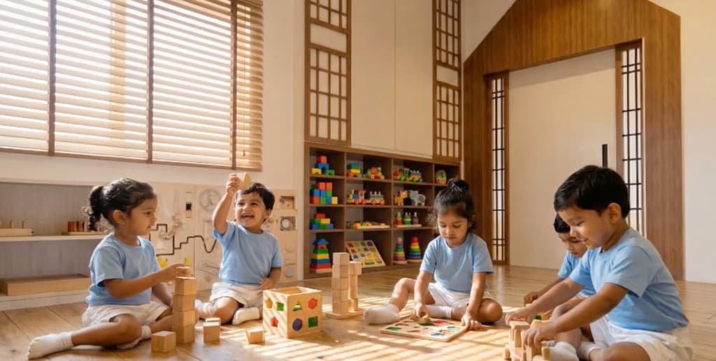 Children playing with wooden toys