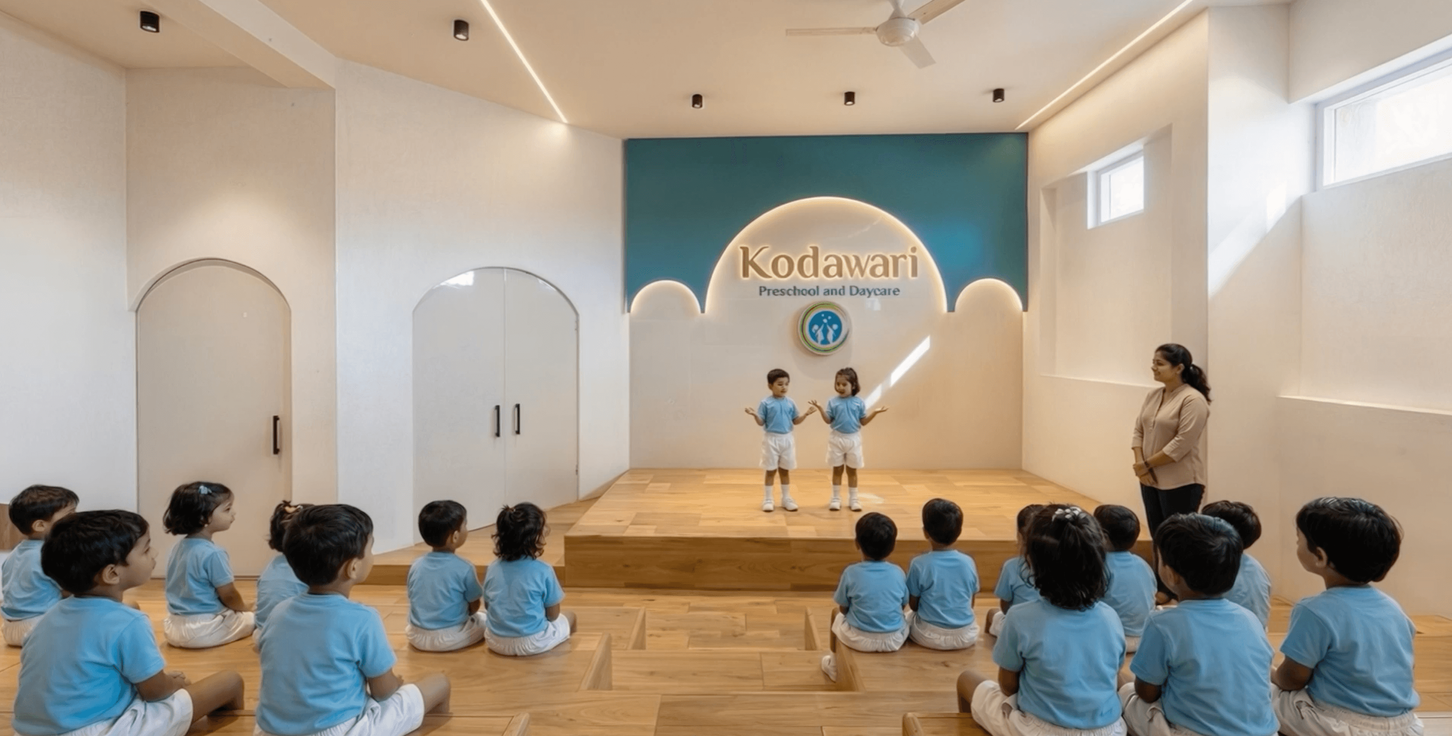 Stepped auditorium with children performing on stage